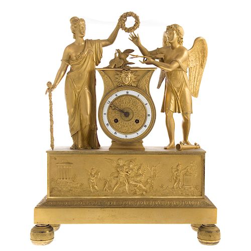 French Empire gilt bronze figural mantel clock