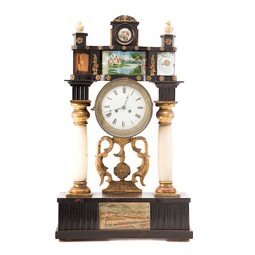 Austrian wood and alabaster portico clock