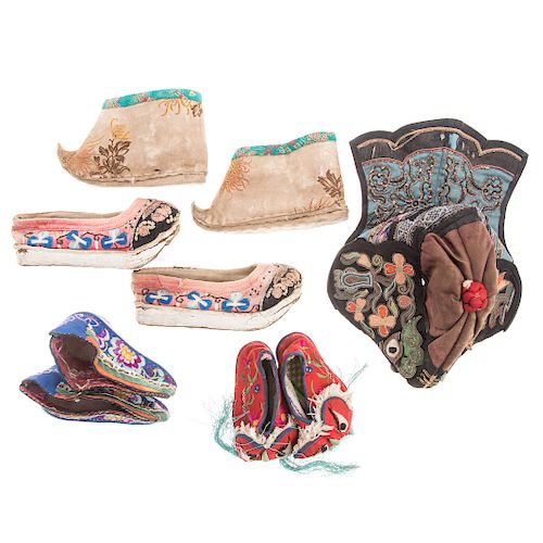 Four pairs of Chinese child's shoes & a headdress