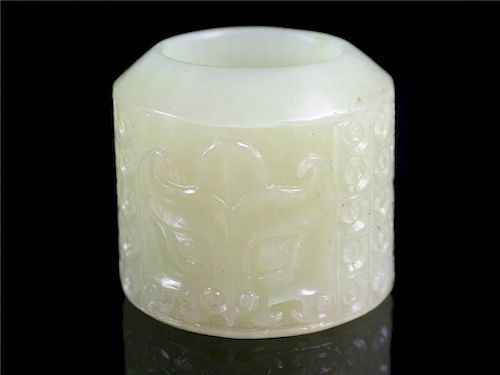 OLD Chinese Celadon White Jade Thumb Ring, 1 1/4" H x 7/8" diameter.