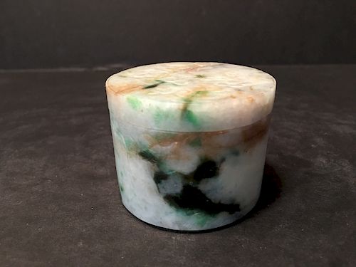 OLD Chinese Feicui Jade Carving Box, 2 1/4" Diameter x 1 1/4" high. 19th century