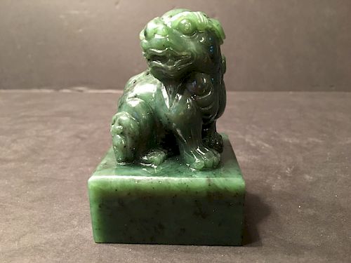 OLD Chinese Large Spinach Green Jade Foo Dog Stamp