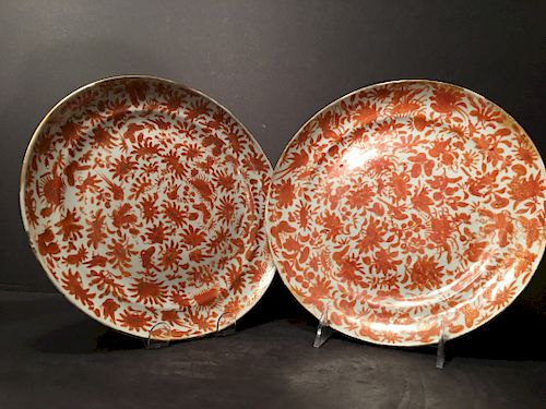 OLD Chinese Large Pair of Sacred Birds Plates, 19th century. 9 1/2" 