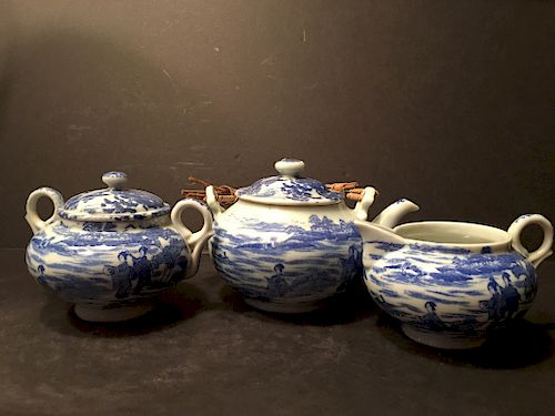 OLD Japanese Blue and White Teapot, Sugar and pitcher.