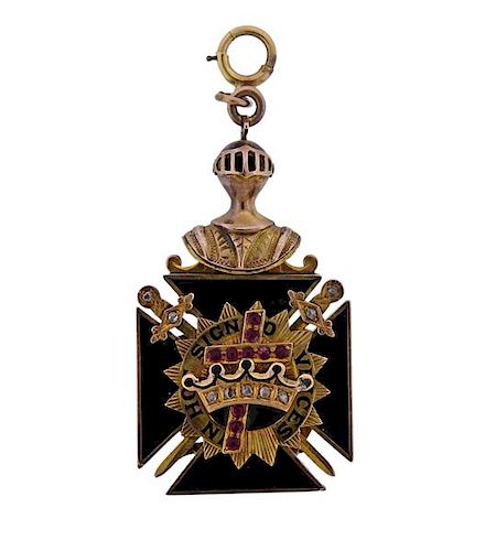 Antique Masonic 14k Gold Enamel Locket Pendant 