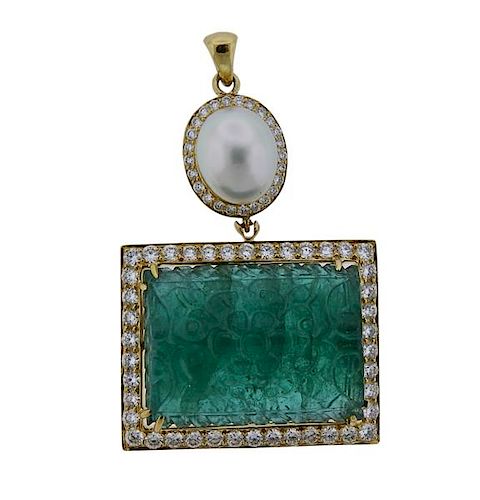 18k Gold 39.67ct Carved Emerald Diamond Pearl Pendant 