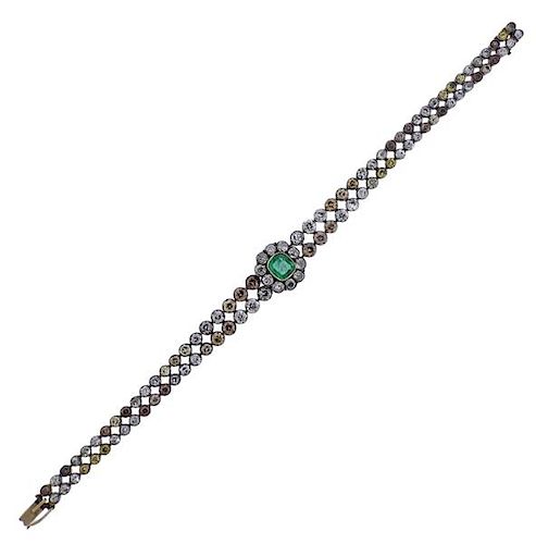 Antique Silver 14k Gold Diamond Emerald Bracelet 