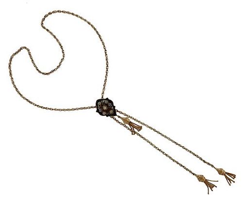 14k Gold Enamel Opal Tassel Pendant Necklace 