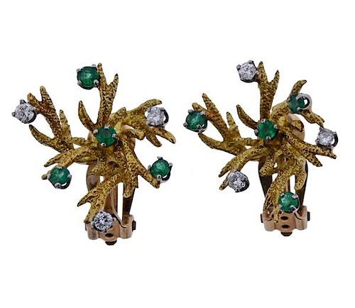 Naturalistic 14K Gold Diamond Emerald Earrings