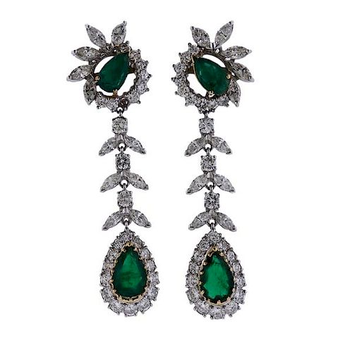 Platinum Gold Diamond Emerald Drop Earrings 