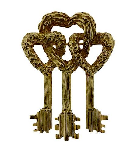 Cartier 18K Gold Three Heart Key Brooch Pin