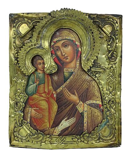 Russian Gilt Painted Three Handed Madonna Icon