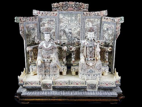 Chinese Monumental Bone Emperor Empress Sculpture