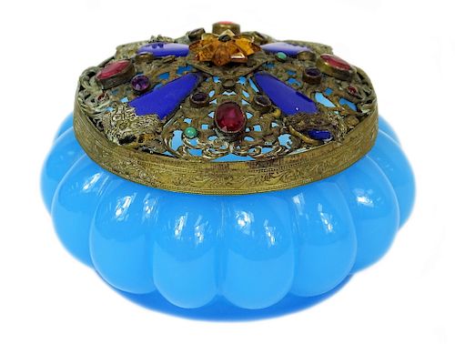 Czech Blown Glass Jeweled Lidded Vanity Box