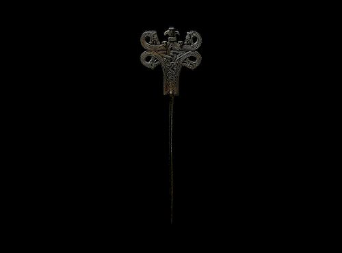 Large Viking Dress Pin with Dragon Heads and Masks