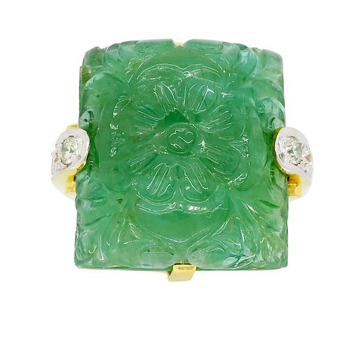 Floral Carved Emerald and Diamond Ring