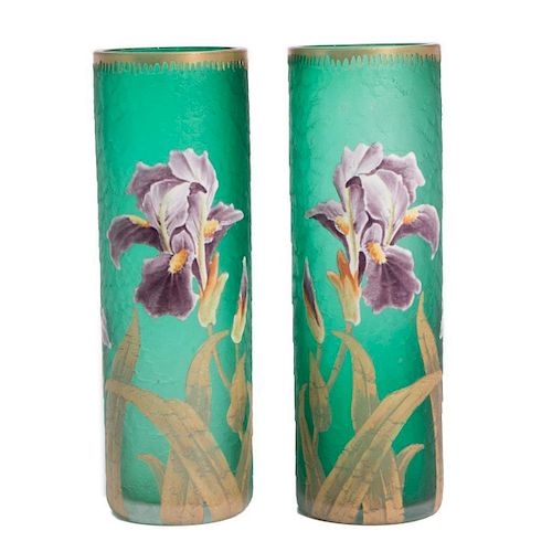 Pair Green Glass Vases with Enameling.