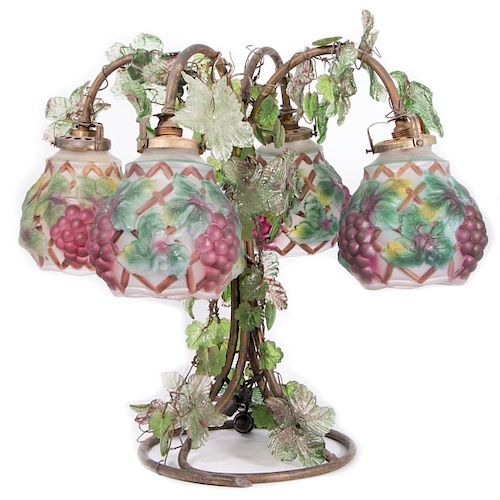 Four Light Grape Vine Lamp with Four Frosted and Painte