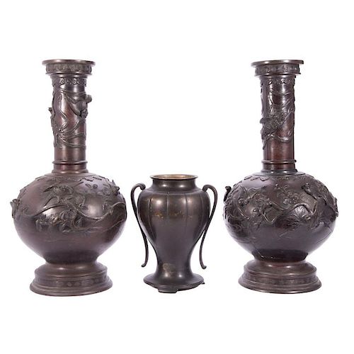 Pair Asian Bronze Long Neck Vases, Single Bronze Vase.