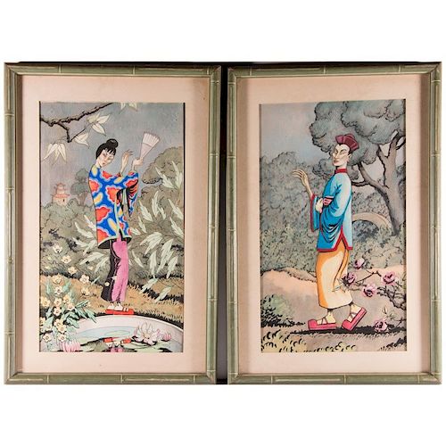 A pair of Chinese watercolors of a man and woman in a g