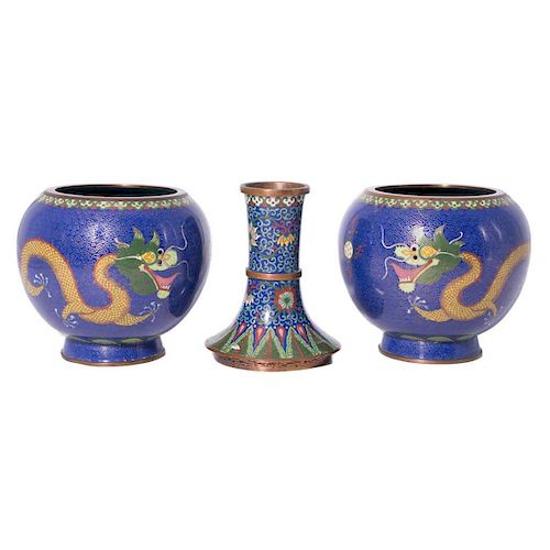 Pair of Cloisonne Pots and a Single Candle Holder