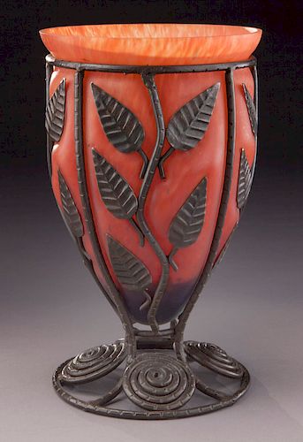 Louis Majorelle metal and glass vase,
