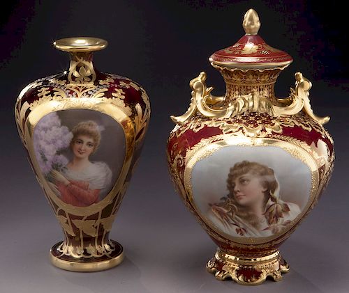 (2) European red porcelain vases,
