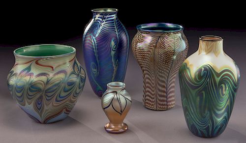 (5) Signed Orient & Flume iridescent glass vases