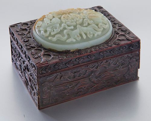Chinese Qing jade plaque inset in wooden box,