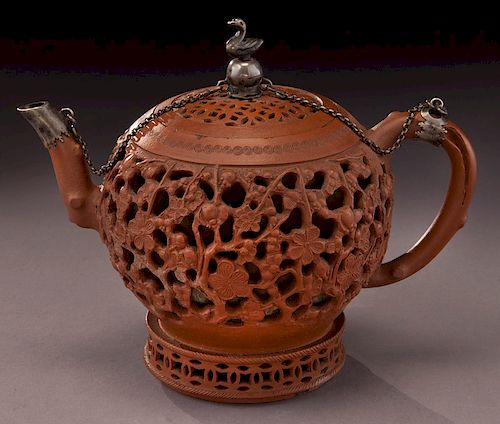 Chinese Qing silver mounted Yixing openwork teapot