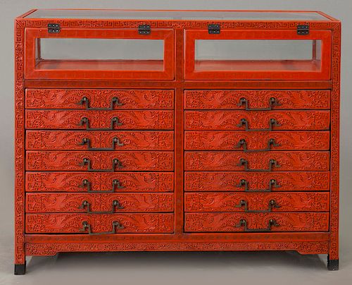 Chinese carved cinnabar curio cabinet,