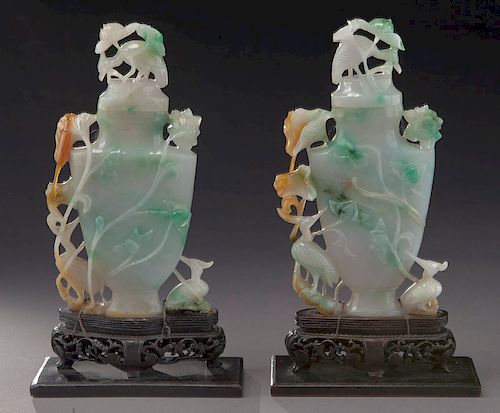 Pr. Chinese Qing carved jadeite vases,