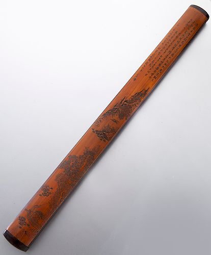 Chinese Qing carved bamboo zitan incense case,