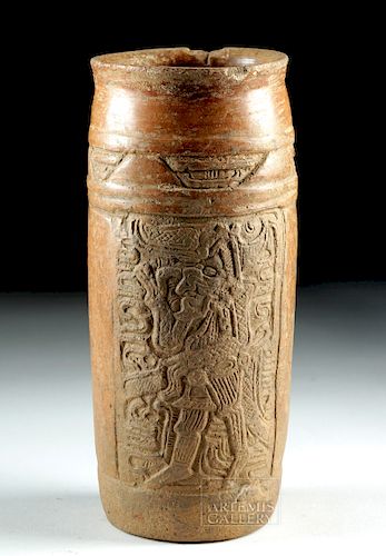 Mayan Pottery Carved Cylinder Vessel - Old God