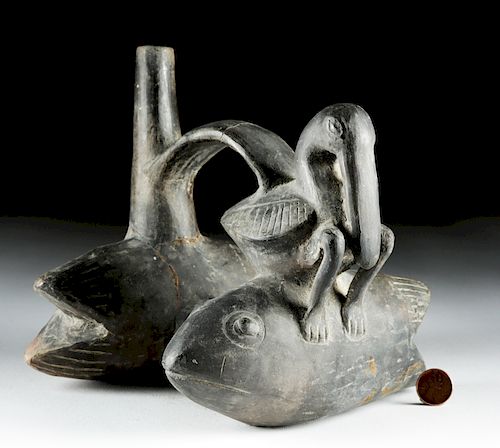 Sican Pottery Stirrup Vessel with Fish and Bird