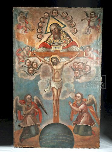 Huge 18th C. Spanish Colonial Painting - Holy Trinity