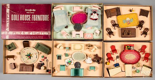 Five boxed sets of Strombecker dollhouse furniture