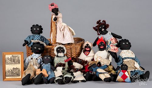 Collection of fourteen cloth Black Americana dolls, etc.