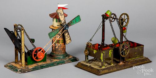 Two painted tin dredge steam toy accessories