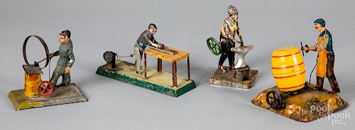 Four painted and tin lithograph worker steam toys