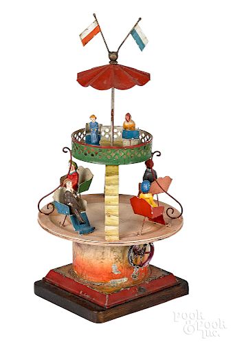 Painted tin two-tier carousel steam toy accessory