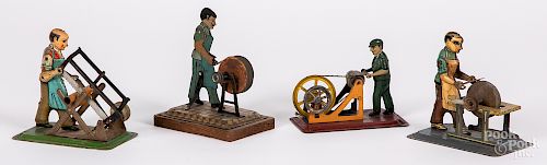 Four tin lithograph workmen steam toy accessories