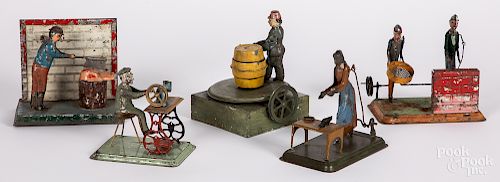 Five painted tin workmen steam toy accessories