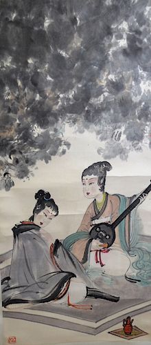 Chinese Watercolor Scroll Painting of Two Musician