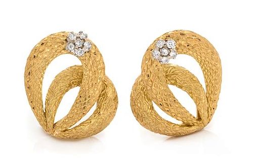 A Pair of 18 Karat Yellow Gold and Diamond Earclips, Italian, 14.60 dwts.