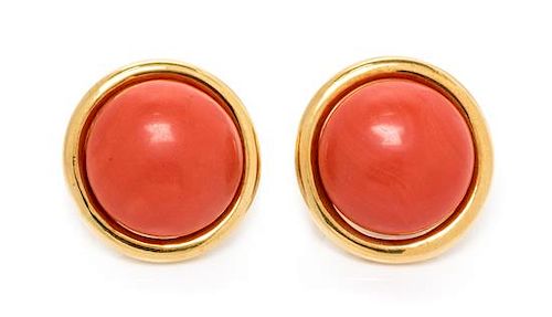 A Pair of 18 Karat Yellow Gold and Coral Earclips, Gump's, 14.55 dwts.