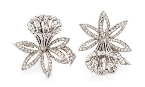 A Pair of Platinum and Diamond Daffodil Motif Clip/Brooches, French, 20.75 dwts.