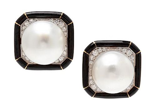 A Pair of 18 Karat Yellow Gold, Platinum, Cultured South Sea Pearl, Diamond and Enamel Earclips, David Webb, 18.25 dwts.