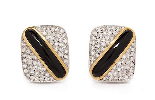 A Pair of 18 Karat Bicolor Gold, Diamond and Onyx Earclips, 12.80 dwts.