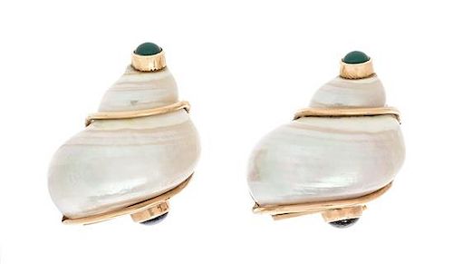 A Pair of Yellow Gold, Shell, Emerald and Sapphire Earclips, Patricia Schepps Vail for Seaman Schepps, 13.90 dwts.